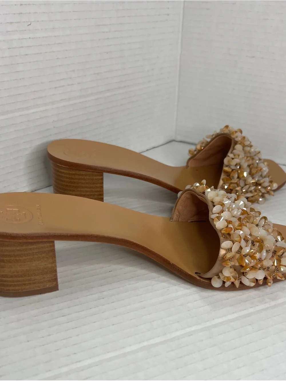 Tory Burch Beaded Rose/Neutral Tan Slide Mules Sandals